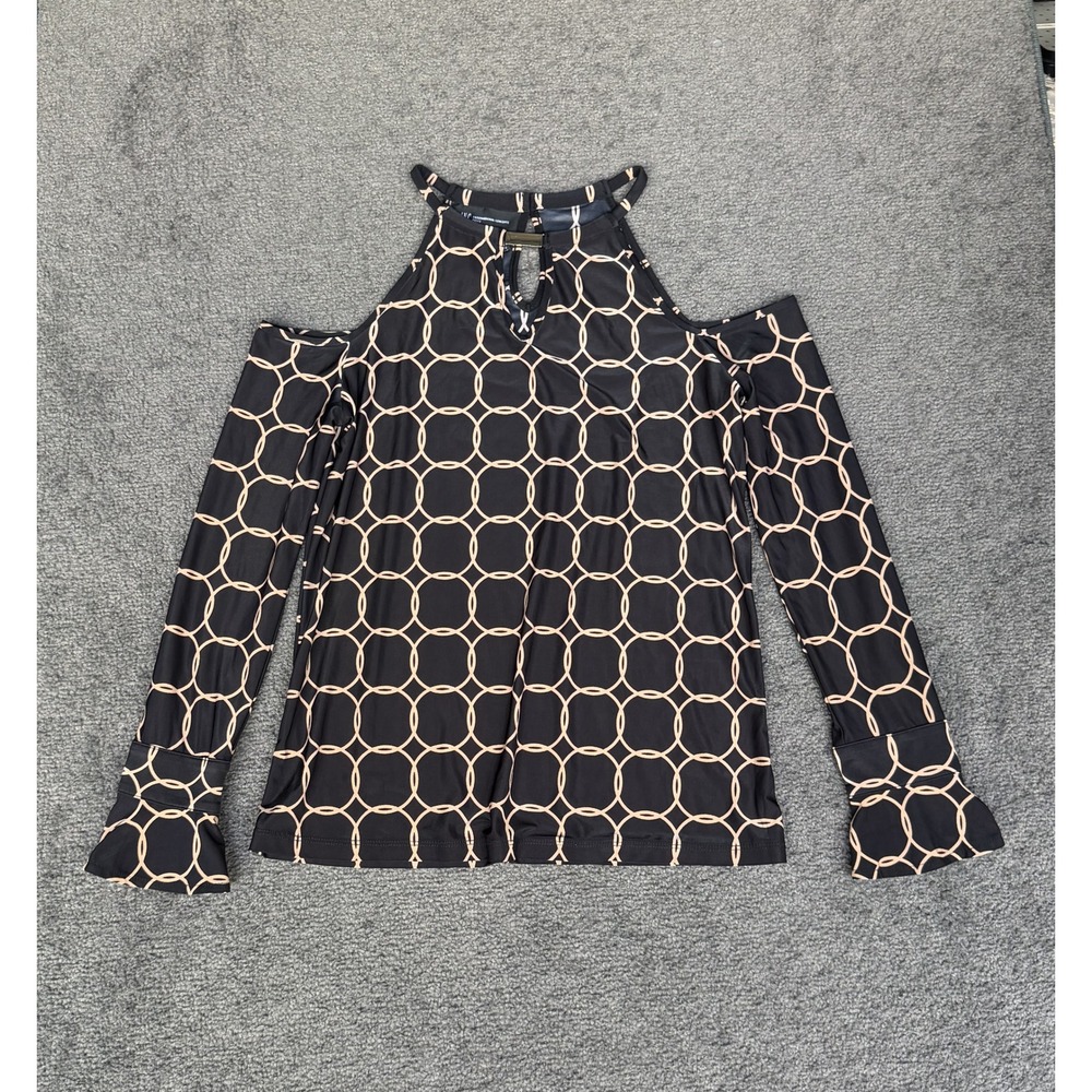 INC International Concepts Black Tan Circle Print Cold Shoulder Top Petite P